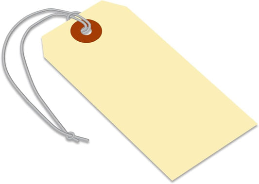 SmartSign Blank Manila Shipping Tags with Elastic Strings - Pack of 250, Size-4, 13pt Thick Pre-Strung Cardstock Tag, 4.25 x 2.125 inch, Paper Hang Tags with Reinforced Fiber Patch, Made in USA