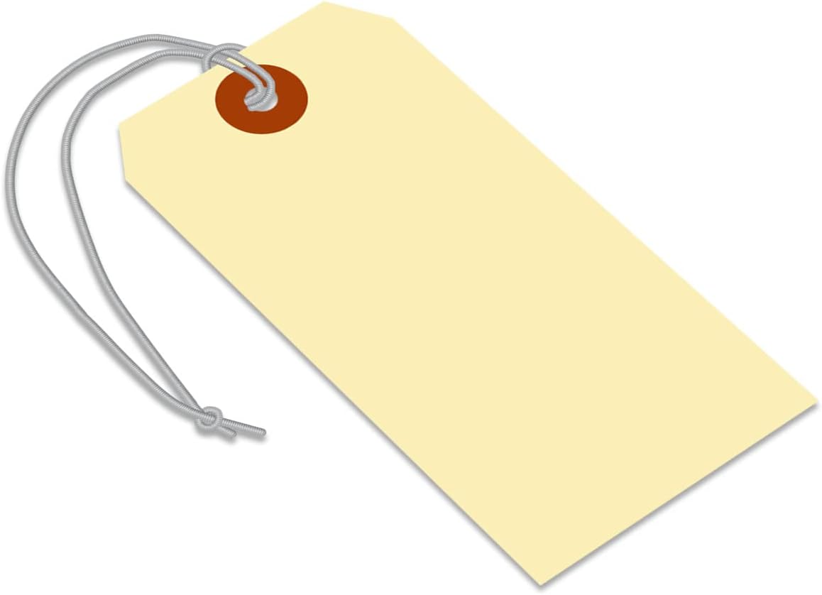 SmartSign Blank Manila Shipping Tags with Elastic Strings - Pack of 100, Size-5, 13pt Thick Pre-Strung Cardstock Tag, 4.75 x 2.375 inch, Paper Hang Tags with Reinforced Fiber Patch, Made in USA