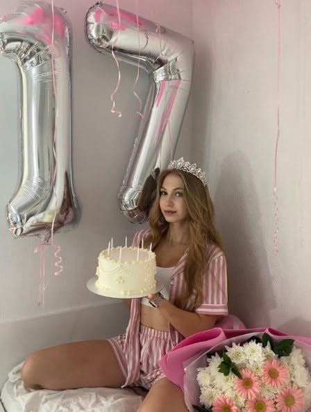 Silver Number 17 Birthday Balloon 40 Inch, Digital Balloons for 17 71 Party Celebration Decorations Supplies, Mylar Foil Numbers Balloon for 17 71 Wedding Anniversary