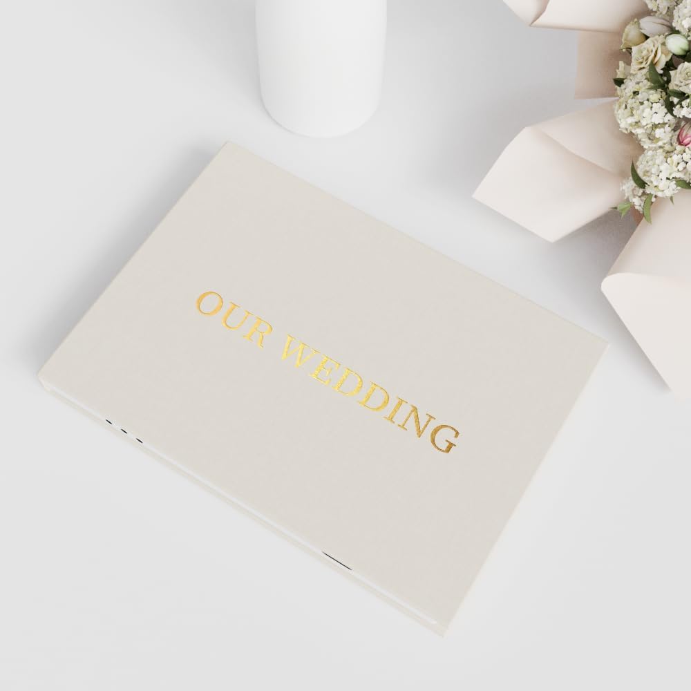OUR WEDDING - GOLD FOIL Luxury Linen Bound Video Book Video Album Up to 2.5 hours of video, 7” IPS Display, 4GB of memory & Rechargeable Battery (OUR WEDING), White