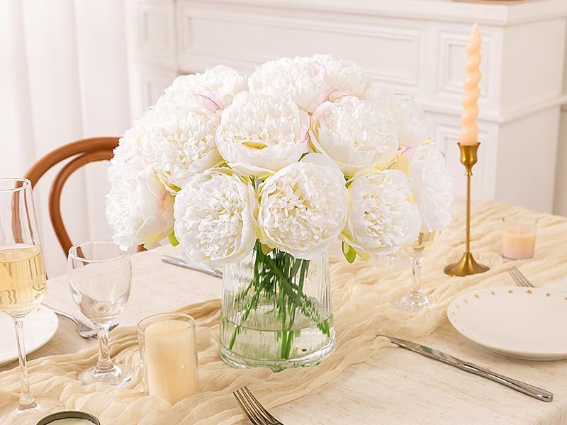 U'Artlines 20 Heads Artificial Peony Silk Flower Leaf Home Office Wedding Party Festival Bar Decor (Cream White)