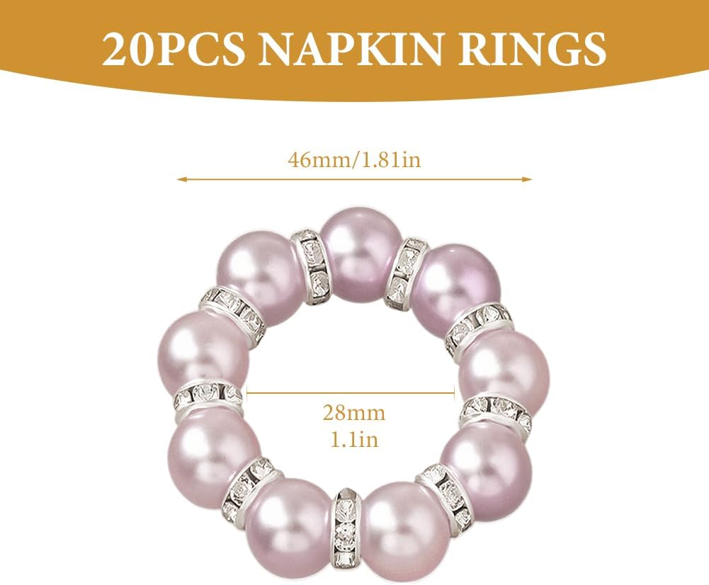 20Pcs Pearl Napkin Rings, Pink Beaded White Silver Round Buckles, Set of 6, Wedding and Formal Dinner Table Decor (20, Pink)