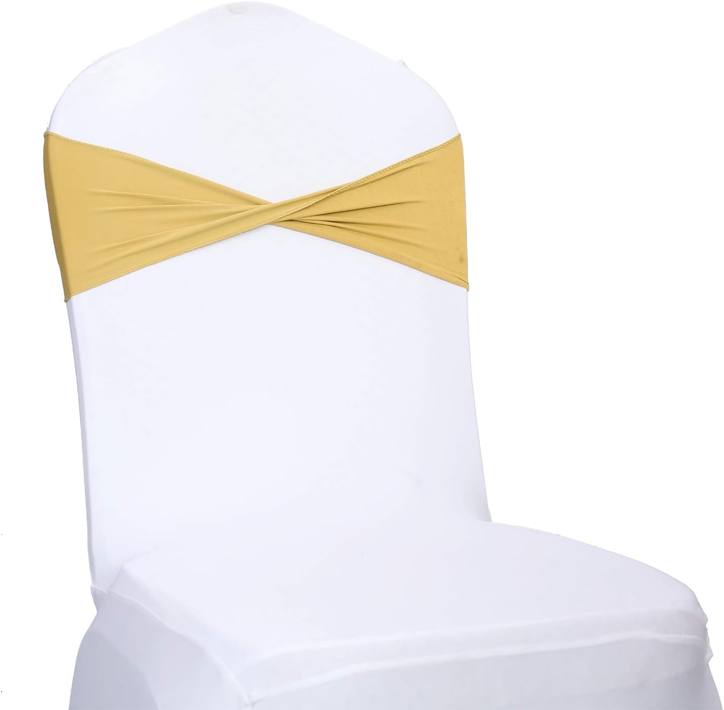 VDS Pack of 100 PCS | Gold | Spandex Chair Sashes Bows Without Buckle | Stretch Elastic Banquet Universal Folding Chair Band Tie with for Wedding Party Conference Celebration Event Decoration