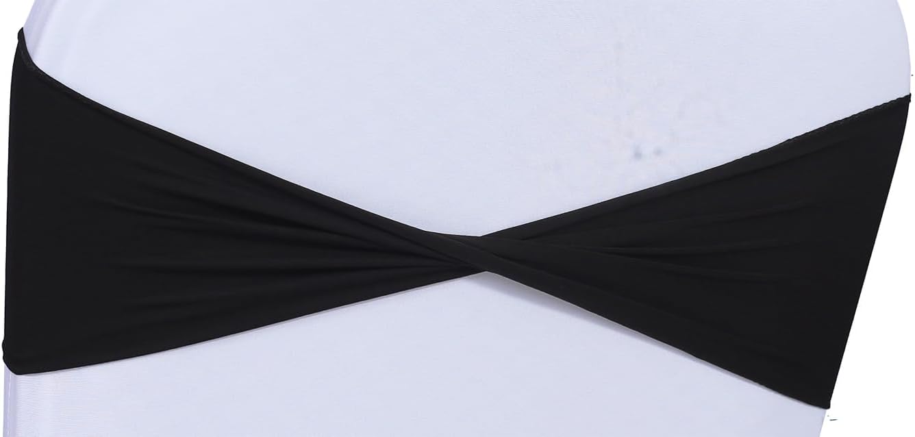 MDS Pack of 50 Spandex Chair Sashes Bows Elastic Stretch Dining Chair Bands Ties Without Slider Buckle Universal fits for Wedding Baby Shower Birthday Party Banquet Event Decoration - Black