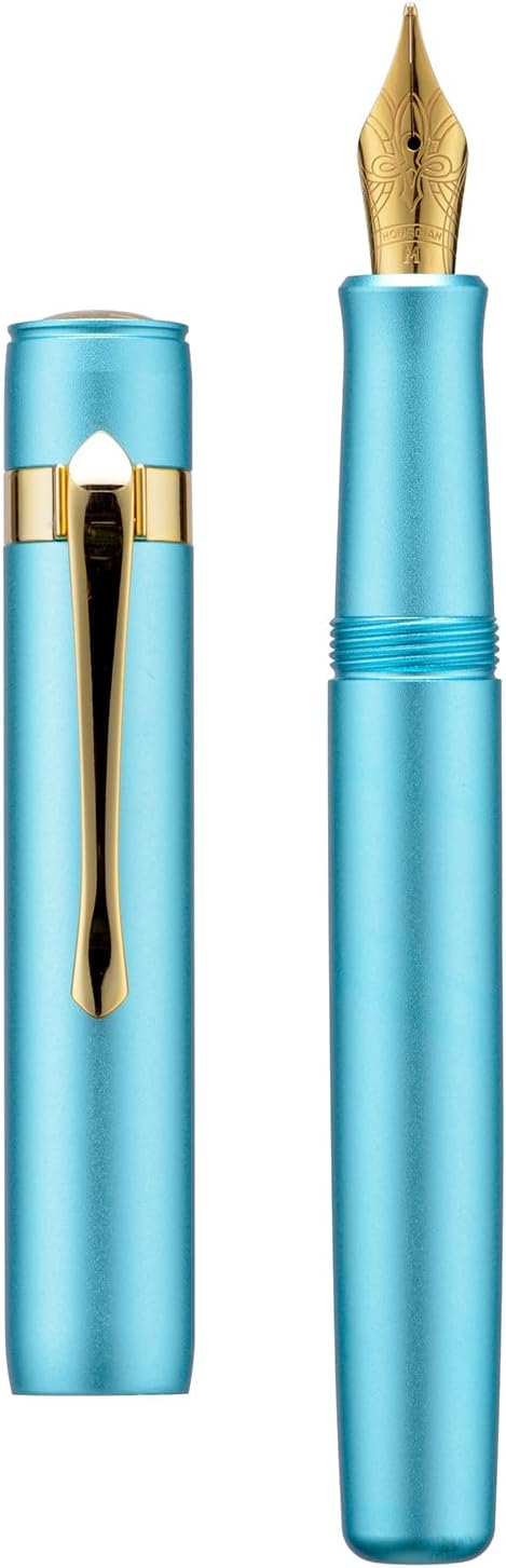 HONG DIAN M2 Black Forest Mini Fountain Pen, Medium Soft Nib & Sleek Shape Aluminium Short Pocket Travel Pen (Lake Blue)