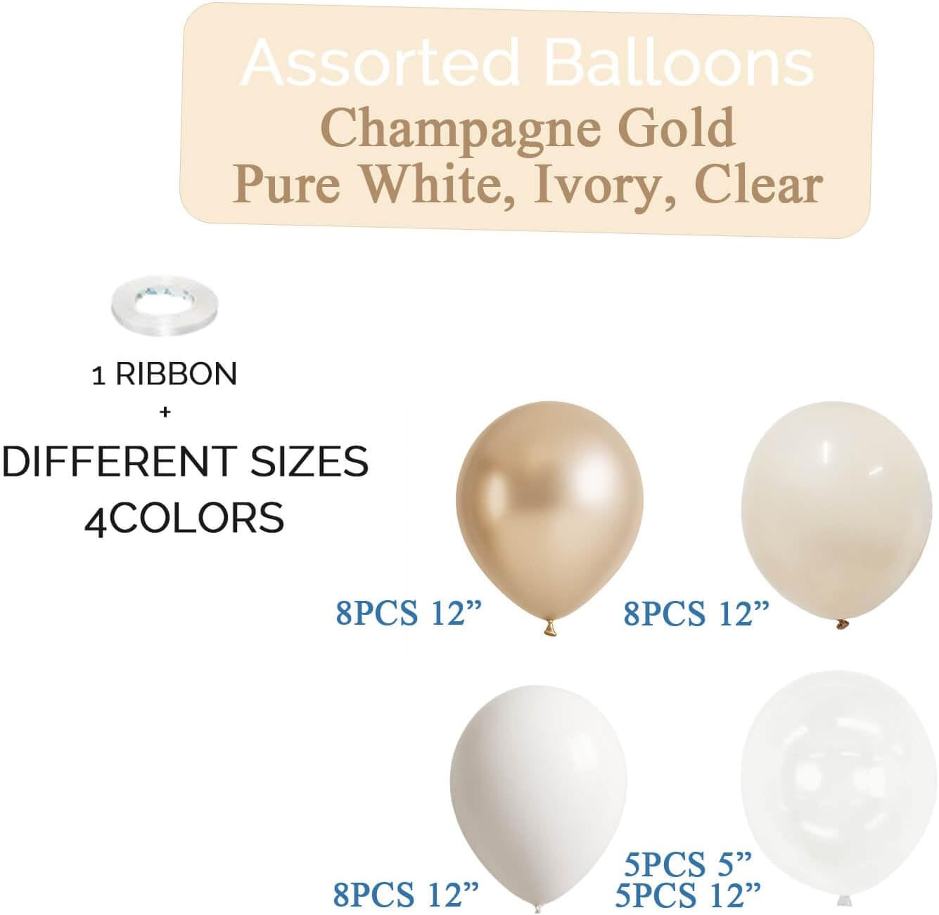 Champagne Gold and Ivory White Balloons Engagement Party Decorations- 34Pcs 12in Metallic Champagne Gold, White, Ivory, Clear Latex Baloons for Bridal Showers Wedding Birthday Party Supplies