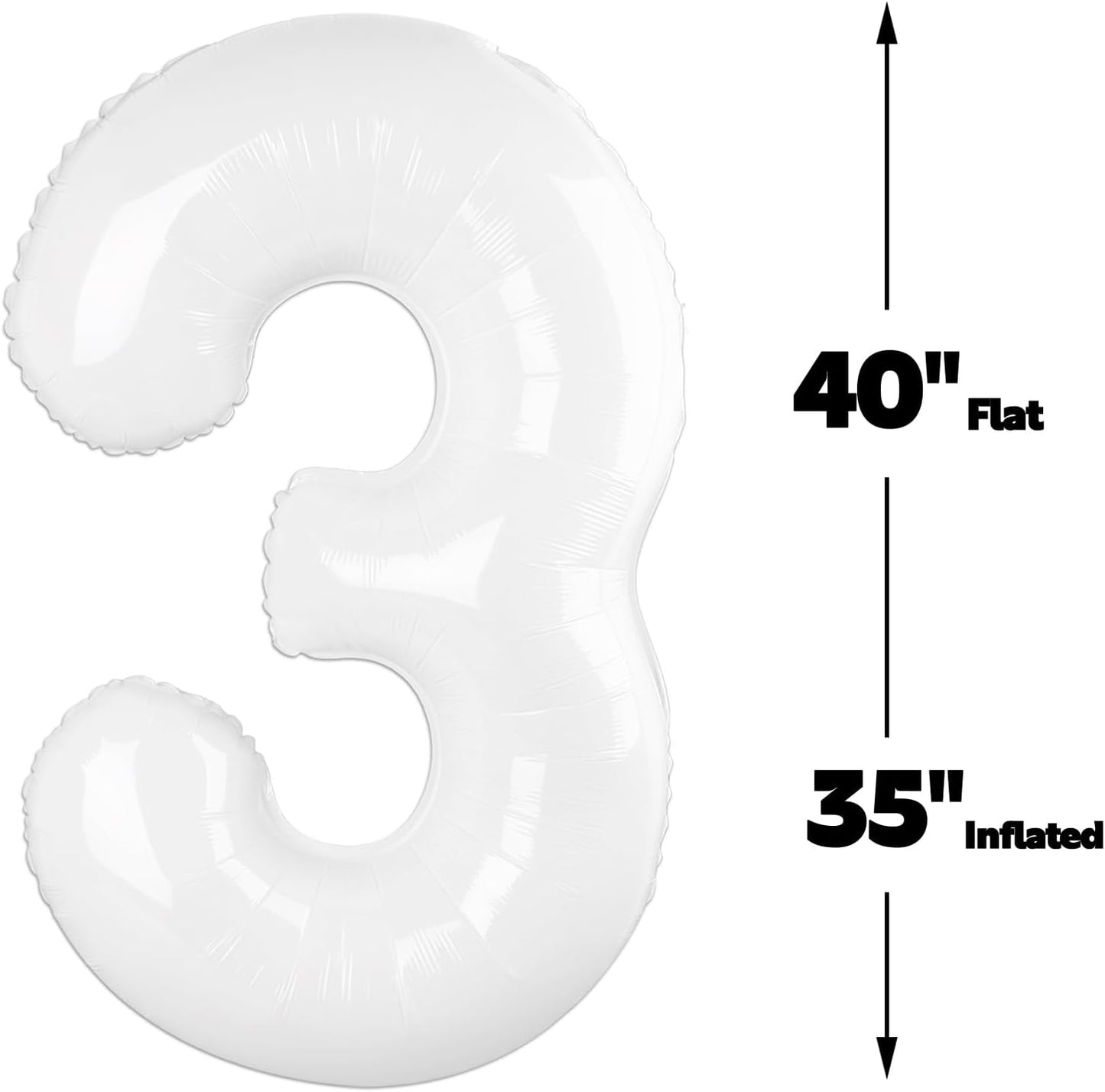 Large 40 Inch White 3 Number Balloon, 3 13 23 30 33 36 38 White Birthday Party Decorations, Numbers Three Foil Balloons for Anniversary Party Graduations Celebration Supplies