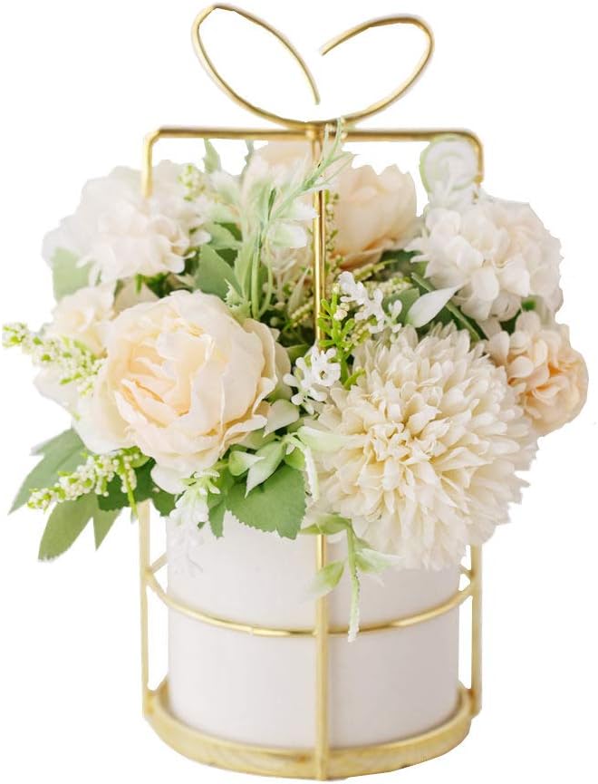 KIRIFLY Fake Artificial Flowers in Vase Faux Peony Silk Hydrangea Flower Centerpieces Décor for Wedding Table Decoration(White in Gold)