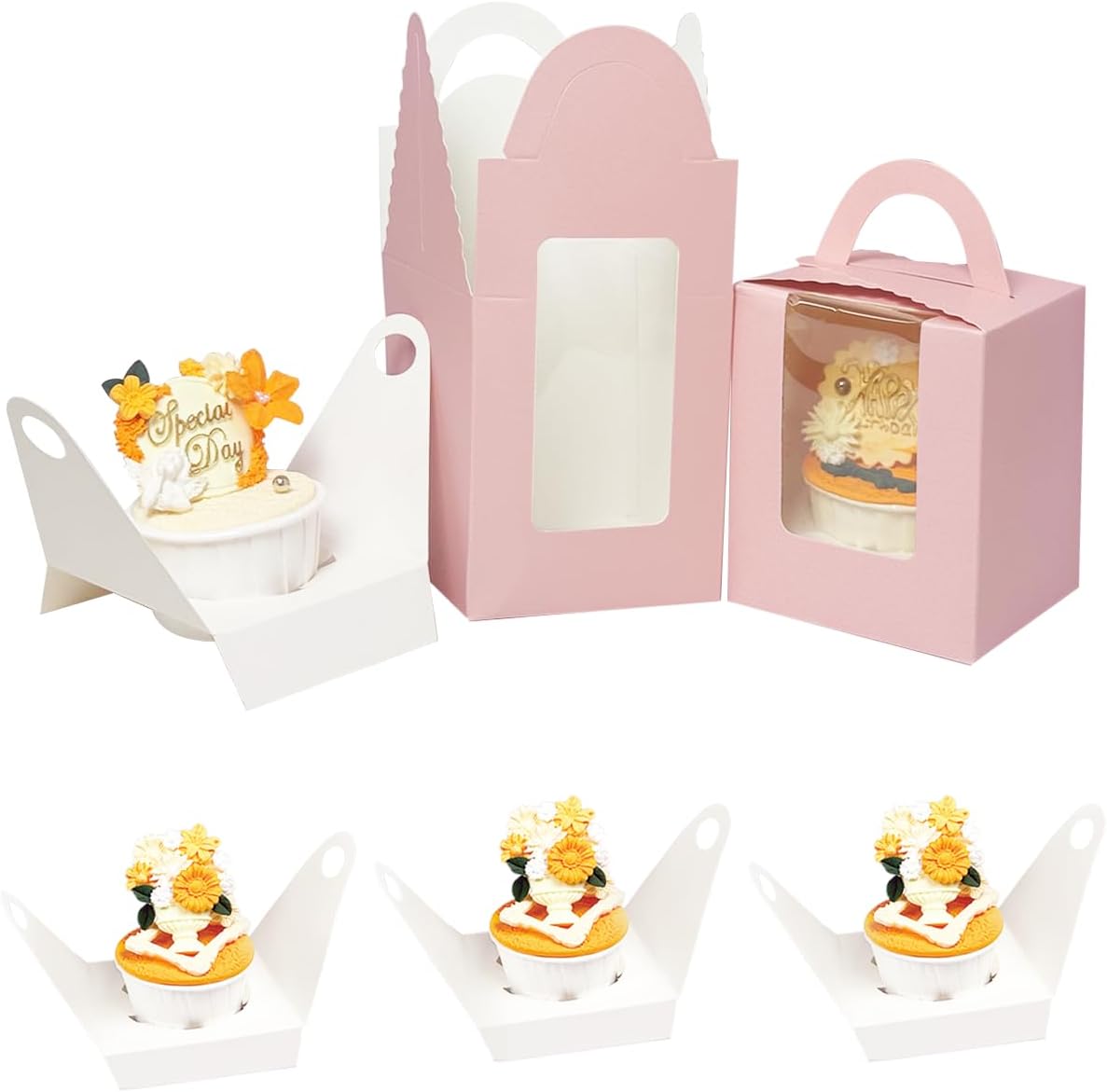 Bakepacker Auto-pop up Individual Cupcake Boxes with Window 60 Count Pink Single Cupcakes Box 3.6 x 3.6 x 4.3inch Cupcake Carrier