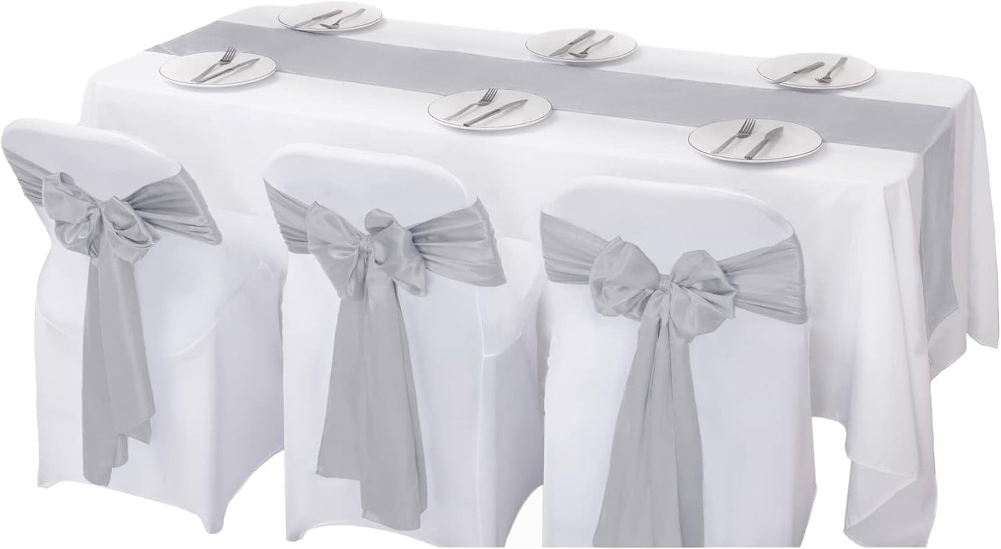 12Pack Table Runner 12 x 108 Inches Satin Silk Table Runner for Wedding, Birthday Party, Banquets, Graduations Decoration, fit Rectange and Round Table-Silver