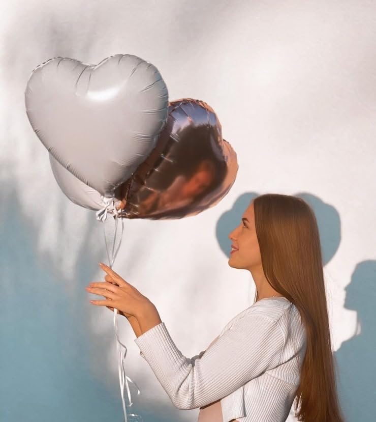 Grey White Heart Foil Heart Shaped Balloons, 10PCS White Foil Heart Balloons Valentines 18inch White Love Foil Balloons for Helium Valentine Decorations for White Wedding, Brithday Party, Anniversary