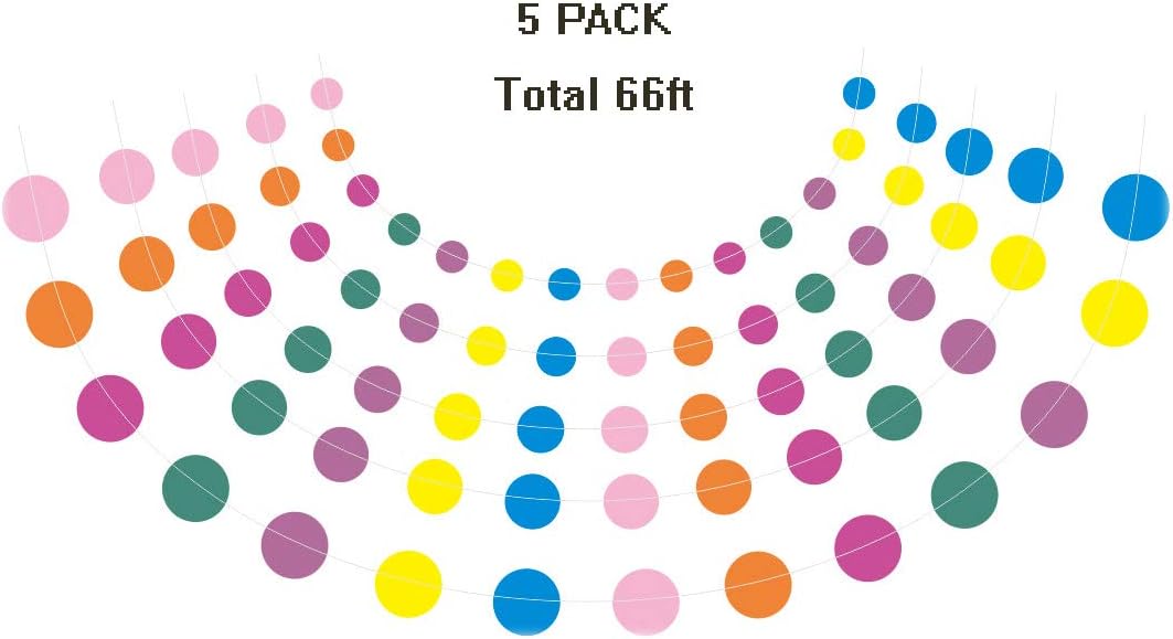 MerryNine Paper Garland 5 Pack, 65 Ft Glitter Paper Garland Circle Dots Hanging Decor, Banner for Baby Shower, Birthday, Nursery Party Decor (Colorful)