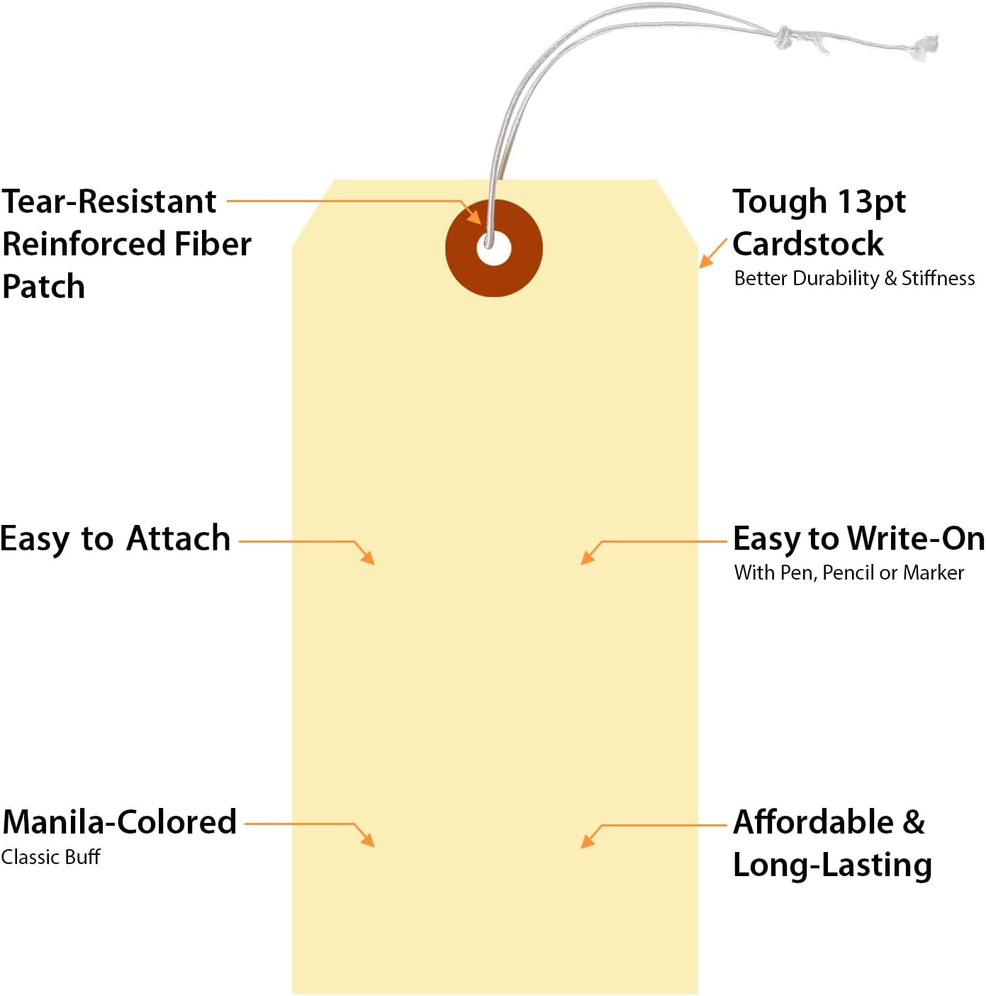 SmartSign Blank Manila Shipping Tags with Elastic Strings - Pack of 100, Size-6, 13pt Thick Pre-Strung Cardstock Tag, 5.25 x 2.625 inch, Paper Hang Tags with Reinforced Fiber Patch