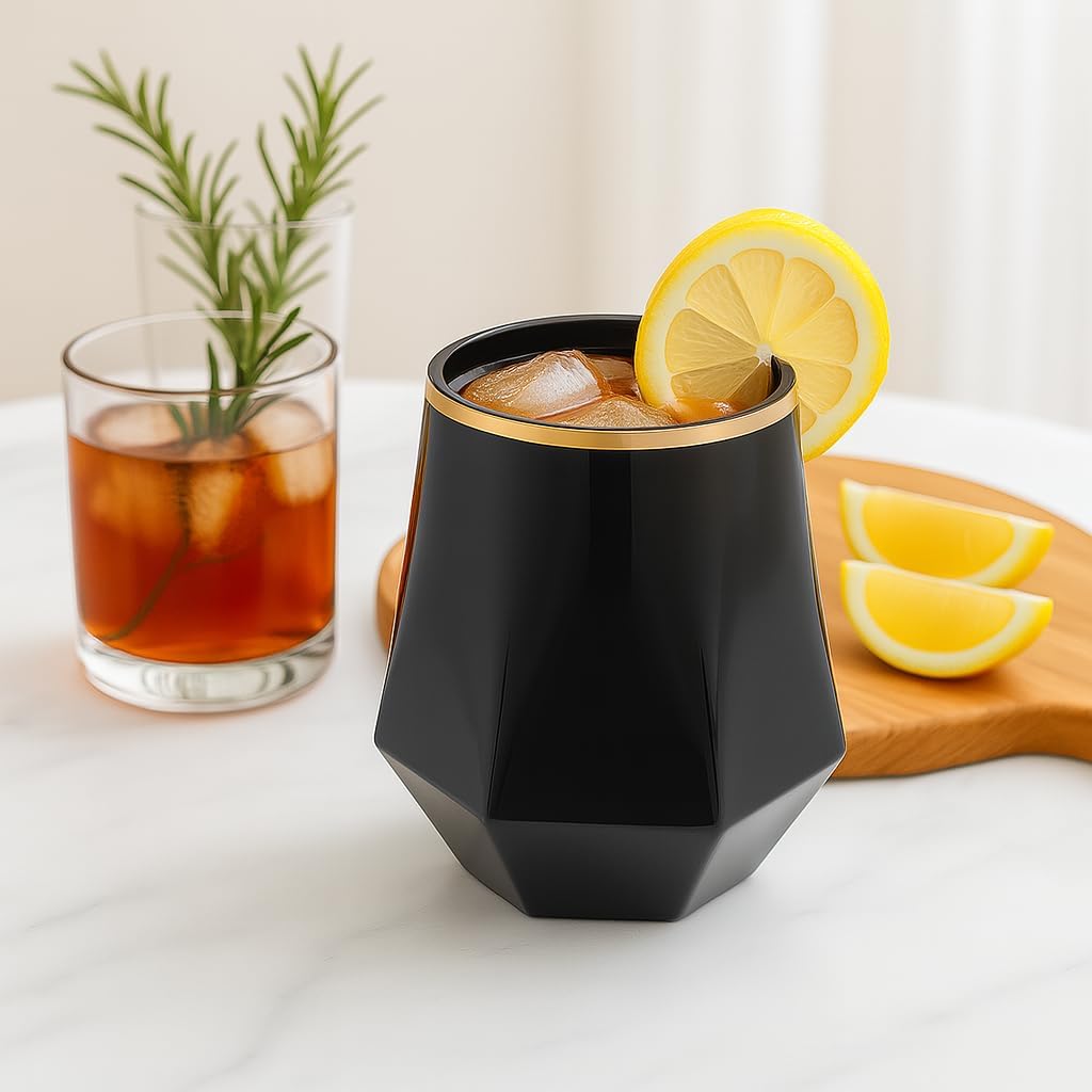 40 count Diamond Unbreakable Stemless Plastic Wine Champagne Whiskey Glasses Elegant Durable Disposable Indoor Outdoor Ideal for Home, Office, Bars, Wedding, 12 Ounce Cups (Diamond Black Matte Gold)