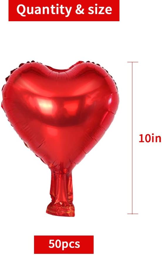 BEISHIDA 50 Pcs 10 Inch Heart Foil Balloons, Red, Heart-Shaped Foil Balloons for Birthday, Wedding, Engagement, Valentine's Day, Bridal Shower, Baby Shower, Unisex-All Ages