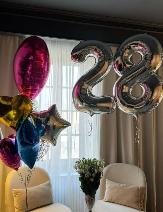 Silver Foil Number 28 Balloon 40 Inch, Helium Mylar Eight Number 28 82 Birthday Balloons, 28th Silver Women Men Wedding Anniversary, Graduations Party Supplies