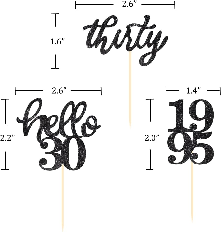 24 Pcs Black Glitter 30th Birthday Cupcake Toppers for 30th Anniversary Birthday Party Wedding Party Decorations