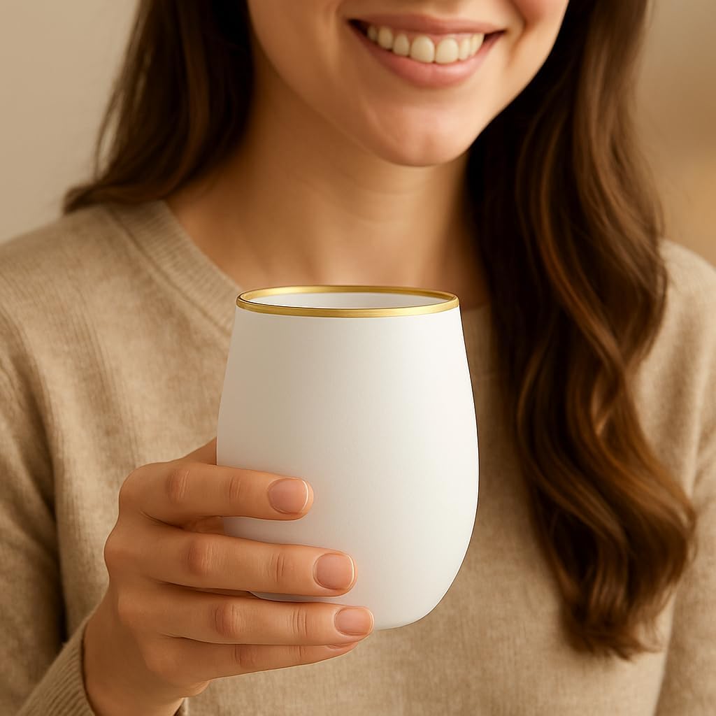 40 count Unbreakable Stemless Plastic Wine Champagne Whiskey Glasses Elegant Durable Disposable Indoor Outdoor Ideal for Home, Office, Bars, Wedding, 12 Ounce Cups Gold Rim (White Matte Gold)