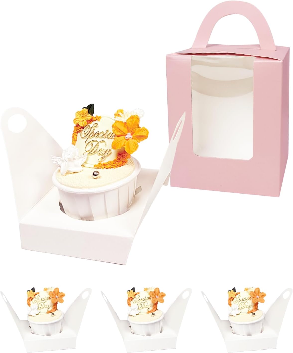 Bakepacker Auto-pop up Individual Cupcake Boxes with Window 60 Count Pink Single Cupcakes Box 3.6 x 3.6 x 4.3inch Cupcake Carrier