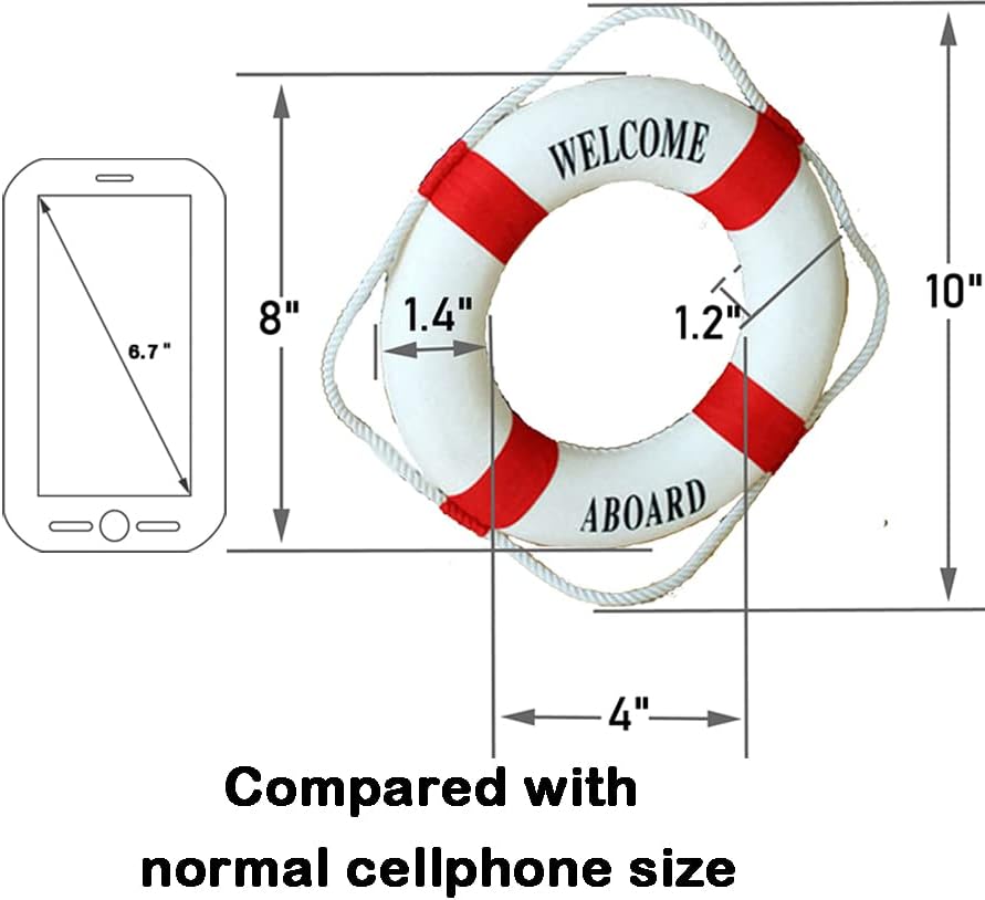 MorroMorn Lifebuoy Wall Hanging Decor - Welcome Aboard Mediterranean Style Home Decoration (Red, 8")