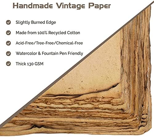 Wanderings Handmade Vintage Deckle Edge Blank Paper with Slightly Burned Edge - 5.8x8.3 (A5) - Package of 50 Recycled Paper for Writers, Invitations, Crafts, Memorials, Printmaking - Thick 150 GSM