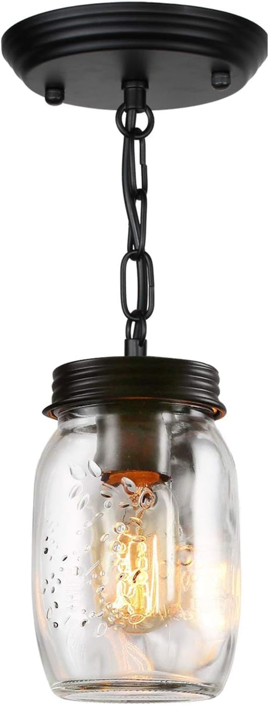 Glass Mason Jar Light Fixtures - Single Pendant Ceiling Light 1-Light Flush Mount - Black Country Farmhouse Lights for Kitchen Dining Room Foyer Stairway Hallway Entryway Porch