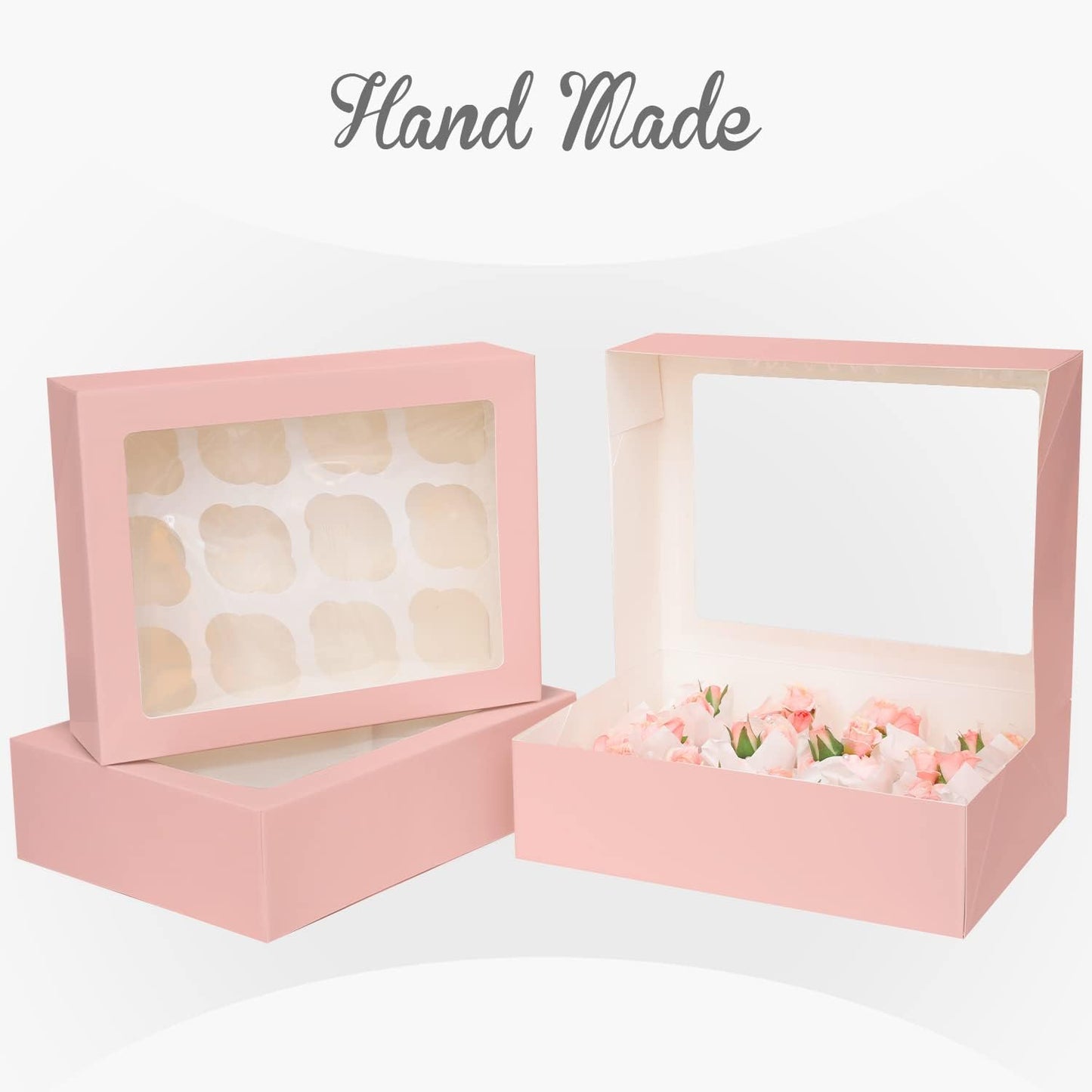 Bakepacker Auto-pop up 12 Cupcake Containers 6-Packs Pink Cupcakes Carrier, 12 Cupcake Boxes with Window 13"x10"x3.5"