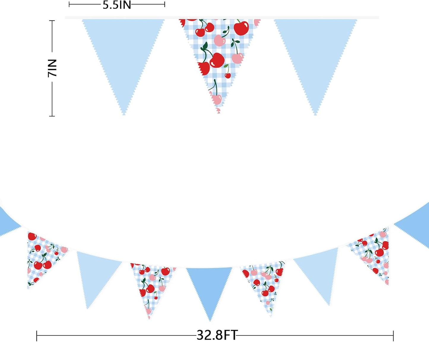 32Ft Blue Gingham Cheery Pennant Banner Fabric Triangle Flag Garland Streamers Party Decorations for Ma Cherie Baby Shower Cherry on Top Bachelorette Fruit Birthday Picnic Spring Garden Supplies