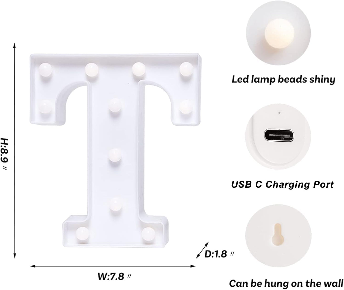 Foaky Rechargeable LED Letter Lights Sign Marquee Light Up Letters Sign for Night Light Wedding/Birthday Party Christmas Lamp Home Bar Decoration (T)