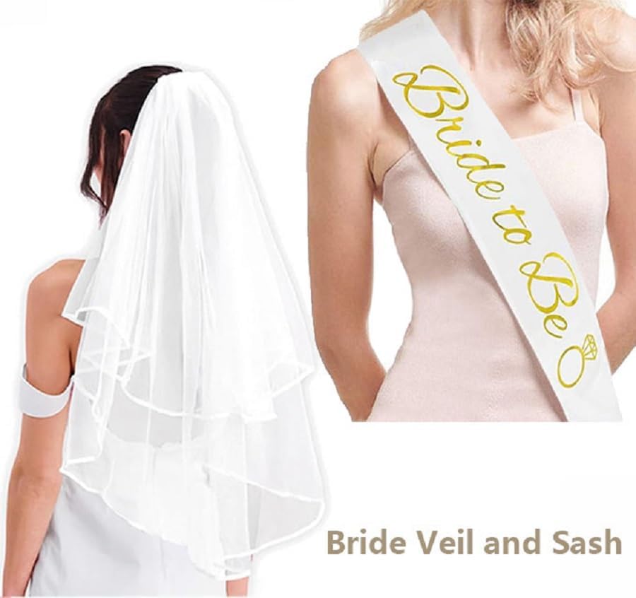 4PCS Bachelorette Blue Sash and Veil for Bride Party, Bride To Be Accessories for Bridal Shower Engagement Wedding