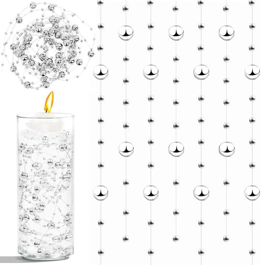 50pcs Pearls String Beads of Pearls, 10+5mm Silver Artificial Pearl String for Floating Candles Centerpieces, Vase Filler, Wedding Centerpiece Christmas Party Decor