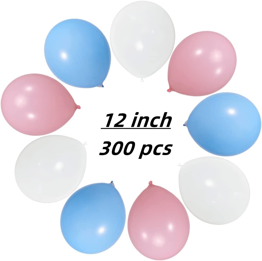 300 Pack White Pink and Blue Balloons 100 of each of the 3 colors 12 inch White Light Pink Light Blue Latex Party Balloon Bulk for Various Party Events Decorations