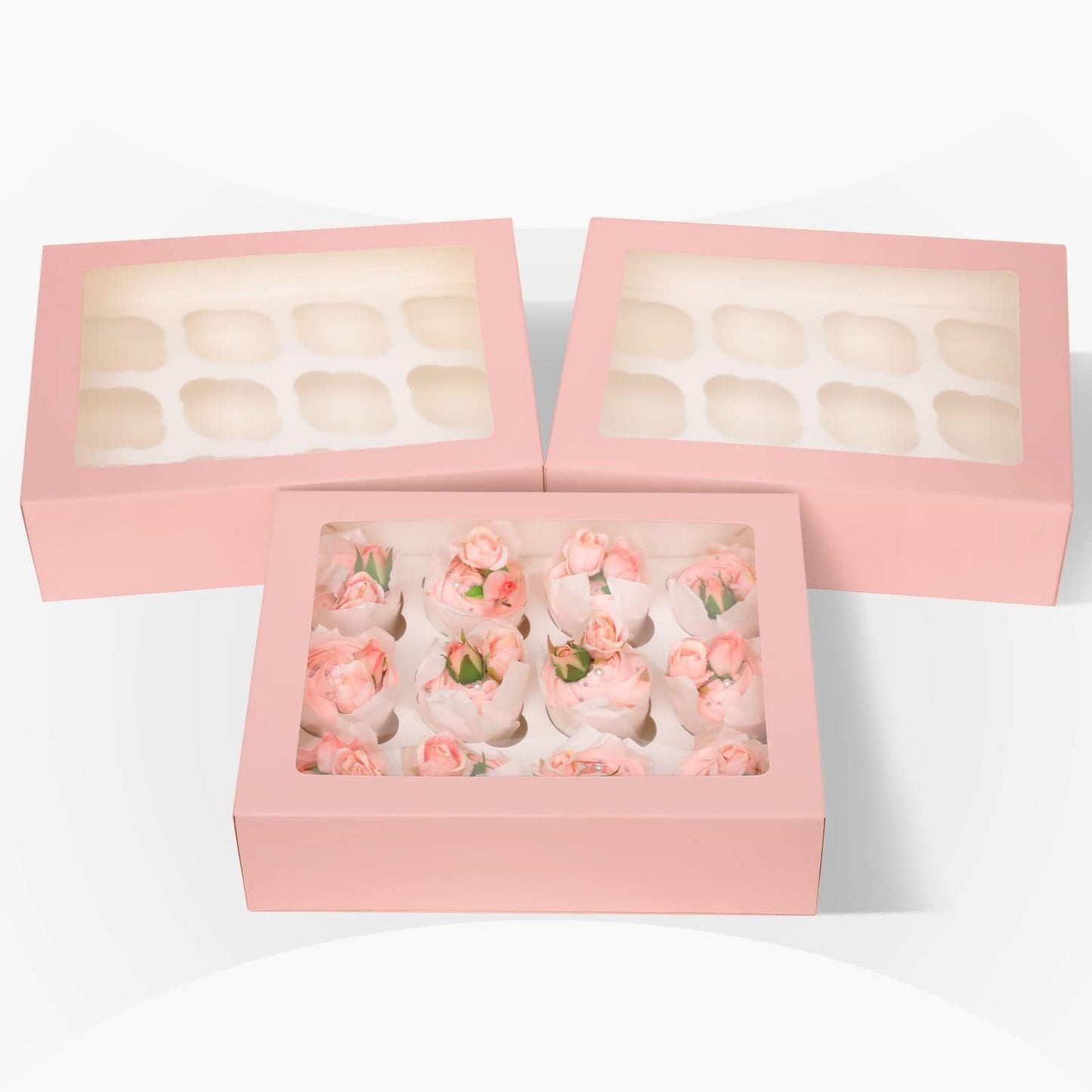 12 Cupcake Containers 20-Packs Pink Cupcake Box Cupcakes Carrier, 12 Cupcake Boxes with Window 13"x10"x3.5"（Auto-pop up）