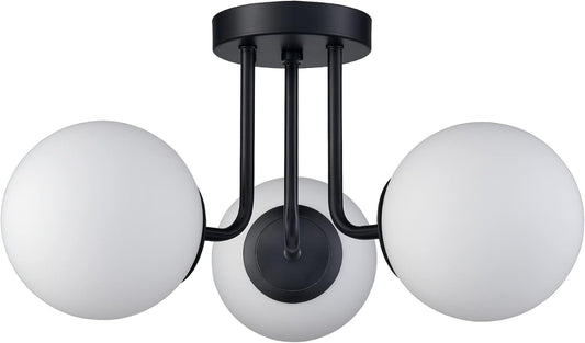 3-Light Modern Black Metal Semi Flush Mount Ceiling Light with White Globe Glass Shade Ceiling Mount Light Fixture for Hallway Living Room Sputnik Chandelier Lighting