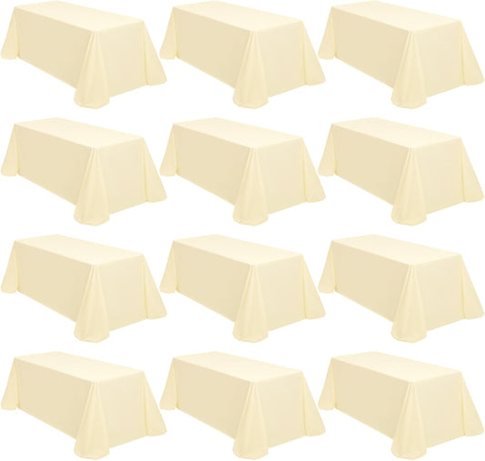 12 Packs 90 x 132 Inch Tablecloth, Beige Polyester Table Cloth for 6ft Rectangle Tables, Washable Fabric TableCover for Wedding Banquets Parties Buffet Dining Table