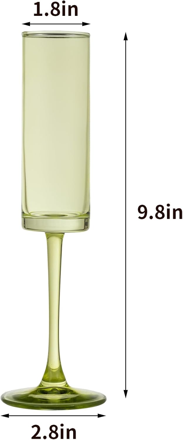 6 Pieces Green Champagne Flutes 6 OZ Straight Sided Wine Glasses Champagne Long Stem Drinking Colored Glasses,Set of 6 Hand Blown Champagne Flutes Goblets for Wedding Cocktail Cups,Cava, Prosecco