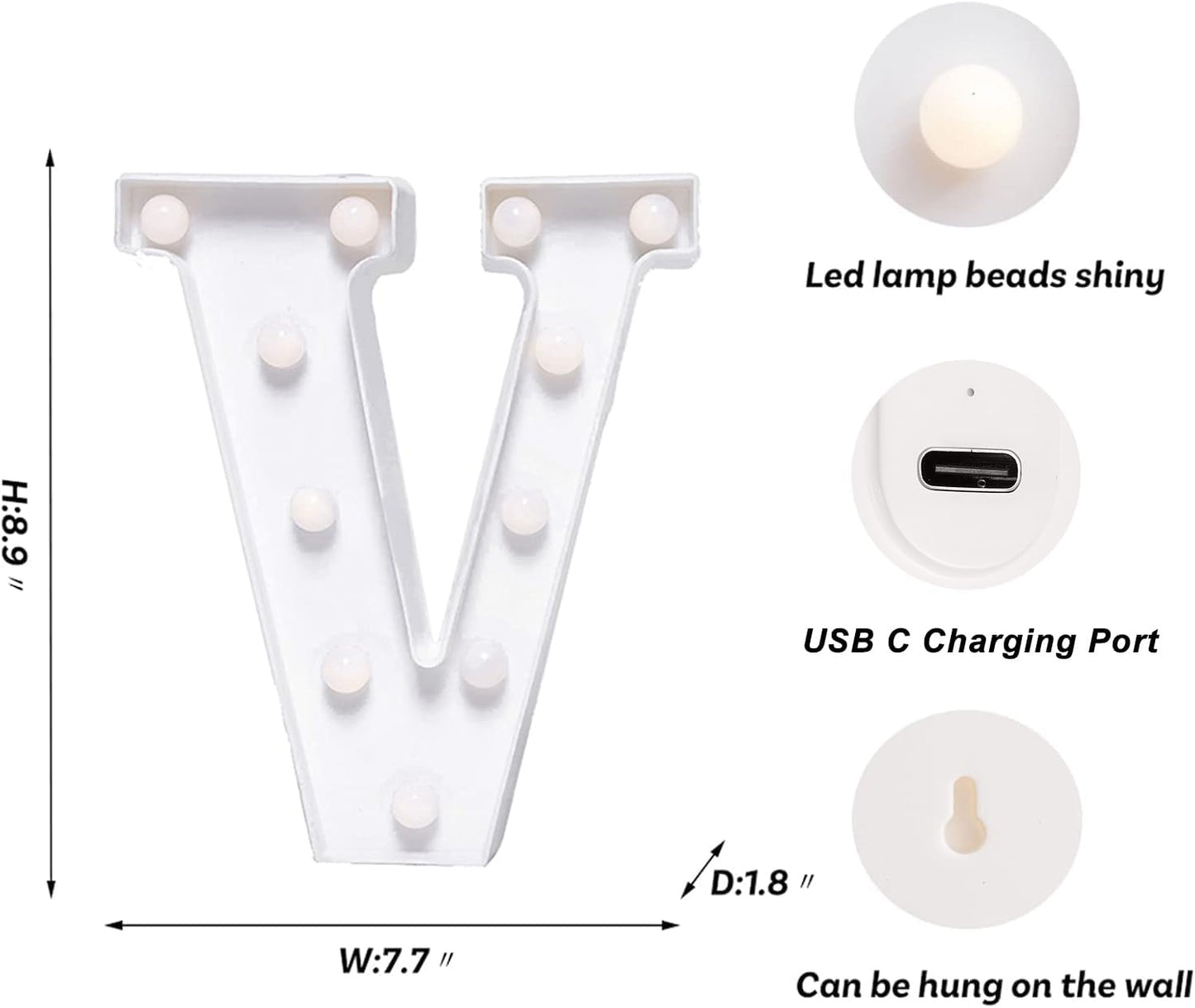Foaky Rechargeable LED Letter Lights Sign Marquee Light Up Letters Sign for Night Light Wedding/Birthday Party Christmas Lamp Home Bar Decoration (V)