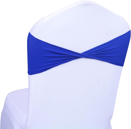 MDS Pack of 10 Spandex Chair Sashes Bows Elastic Stretch Dining Chair Bands Ties Without Slider Buckle Universal fits for Wedding Baby Shower Birthday Party Banquet Event Decoration - Royal Blue