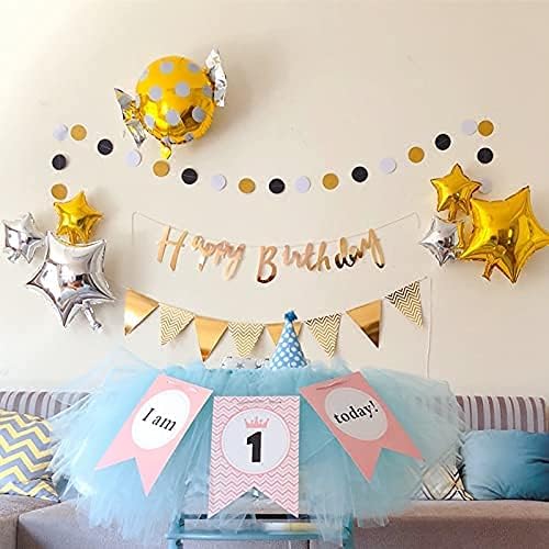 MerryNine Paper Garland 5 Pack, 65 Ft Glitter Paper Garland Circle Dots Hanging Decor, Banner for Baby Shower, Birthday, Nursery Party Decor (Black White Gold)