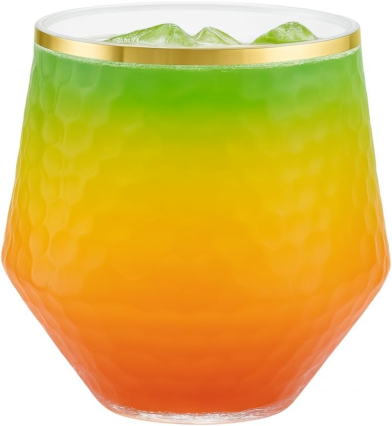 48 Pack Ribbed Origami Ripple Plastic Glasses 24 9oz Stemless Champagne Flutes & 24 12oz Cups BPA-Free, Disposable, Shatterproof Drinkware for Weddings, Bars, Events (Hammered Diamond Gold Rim)