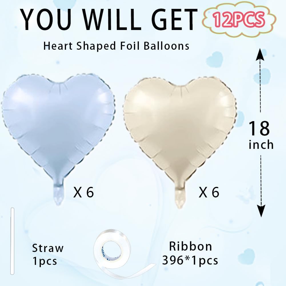 Baby White Heart Balloons，18 Inch Baby Blue Helium Foil Love Heart Shaped Balloons for Birthday Party Bridal Engagement Wedding Anniversary Baby Shower Valentines Decorations 12Pcs