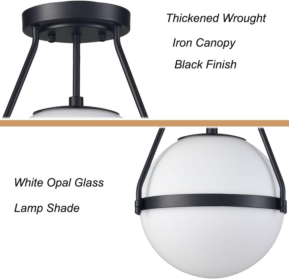 HOLKIRT Mid Century Semi Flush Mount Ceiling Light Black Globe Ceiling Light Modern Light Fixture with White Opal Glass Shade for Living Room Bedroom Hallway