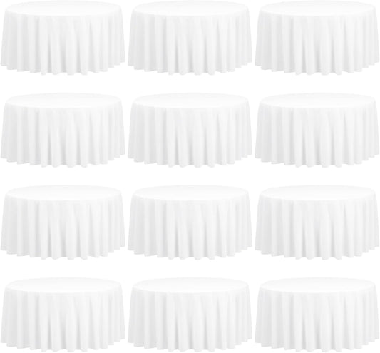 12 Pack 120 Inch Round Tablecloth, White Polyester Fabric Table Cloth for Round Table, Washable Tablecover for Wedding Party Dining Buffet Banquet Restaurant and Camping