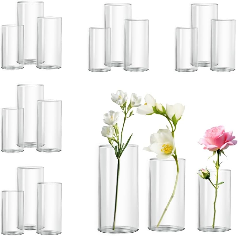 Glass Cylinder Vase Set of 18 for Centerpieces, 4,4.7,6 inch Tall Clear Vase Bulk Floating Candle Holder for Wedding Table Home Décor and Party