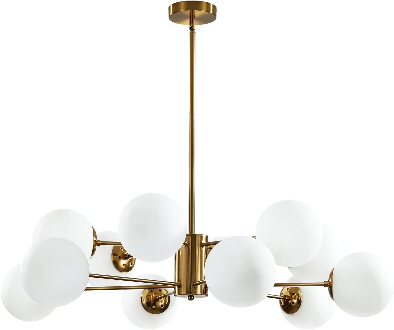 KCO Lighting 12-Light Glass Globe Sputnik Chandelier Light Fixture Mid Century Modern Chandeliers Brushed Brass Chandelier Milk White Glass Ceiling Light Fixture (Gold+White)