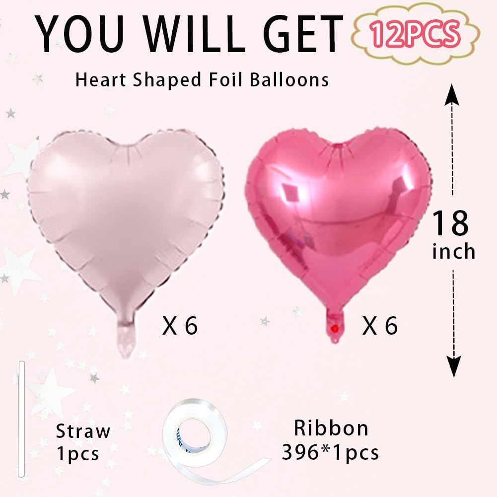 Pink Heart Balloons,18inch Bright Pink Heart Shaped Foil Balloons & Baby Pink Helium Mylar Balloon for Anniversary Wedding Engagement Birthday Party Baby Shower Decorations(12Pcs)