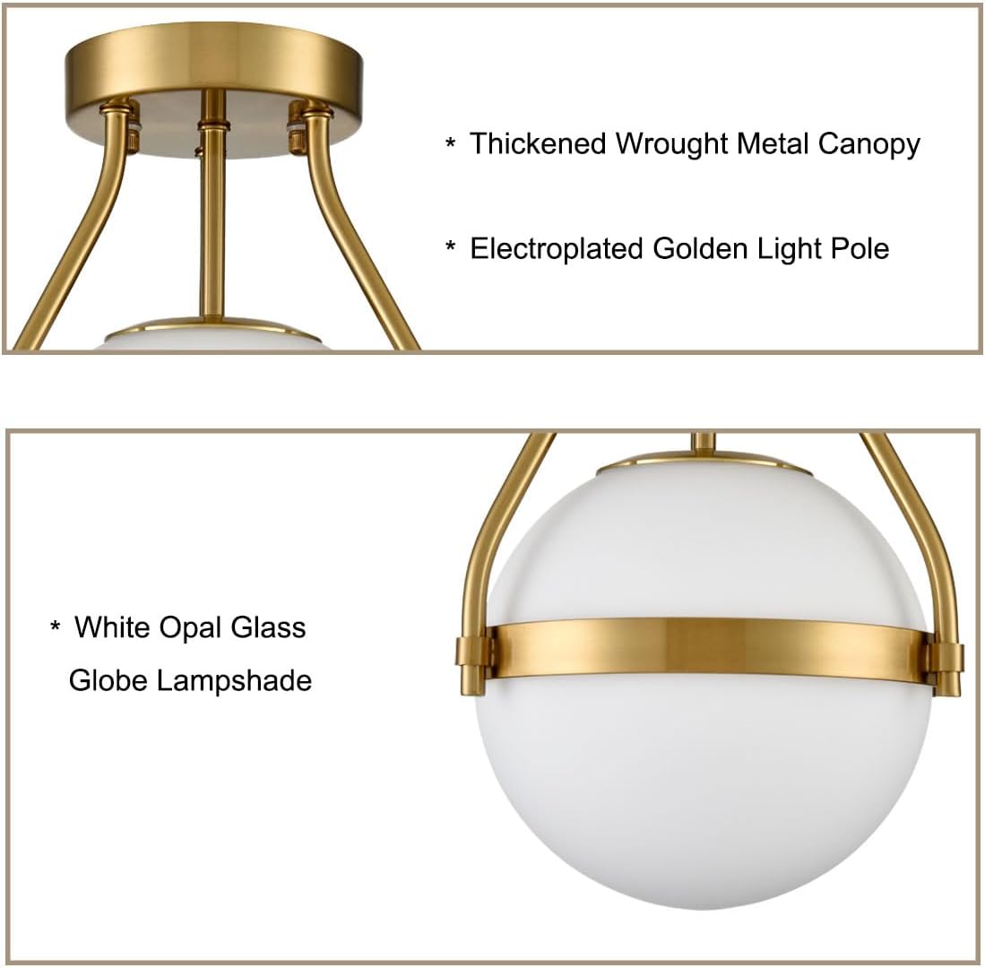 HOLKIRT Modern Semi Flush Mount Light, Mid Century Style 7Inch/18CM Brass Globe Ceiling Light with Opal Glass for Kitchen, Hallway, Bedroom