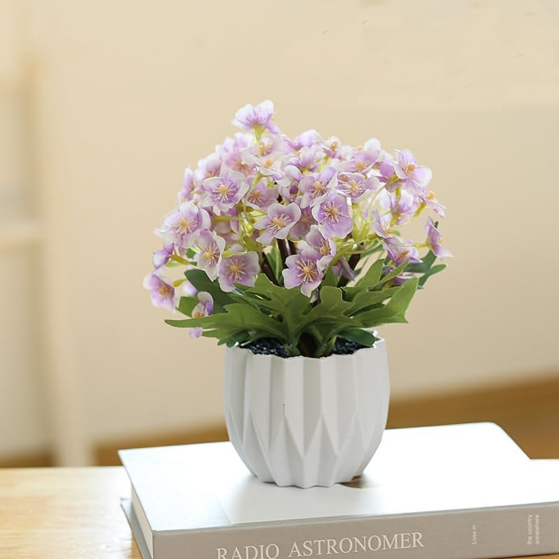 Artificial Flower Arrangement in Modern White Geometric Vase, Decorative Floral (Purple)