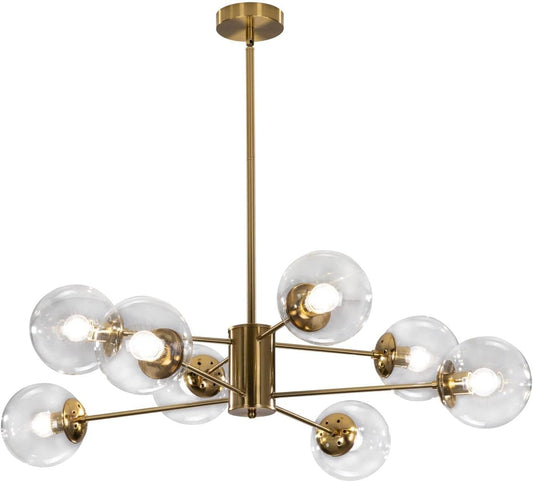 KCO Lighting Modern Sputnik Chandelier 8-Light Clear Glass Globe Ceiling Pendant Light Mid Century Brass Flush Mounted Fixture Kitchen Island (Gold+Clear)