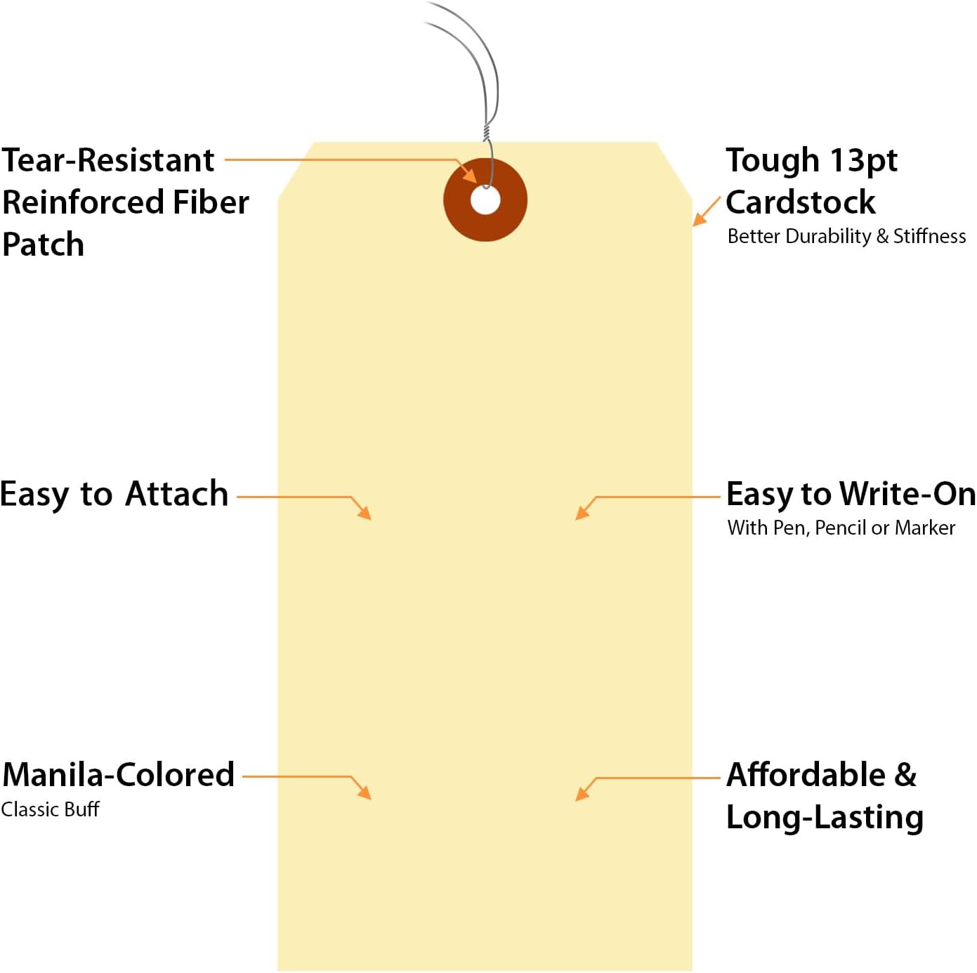 SmartSign Blank Manila Shipping Tags with Pre-Strung Wire, Size-8, Pack of 1000, 13pt Thick Cardstock Tags, 6 1/4" x 3 1/8" Paper Hang Tags with Reinforced Fiber Patch